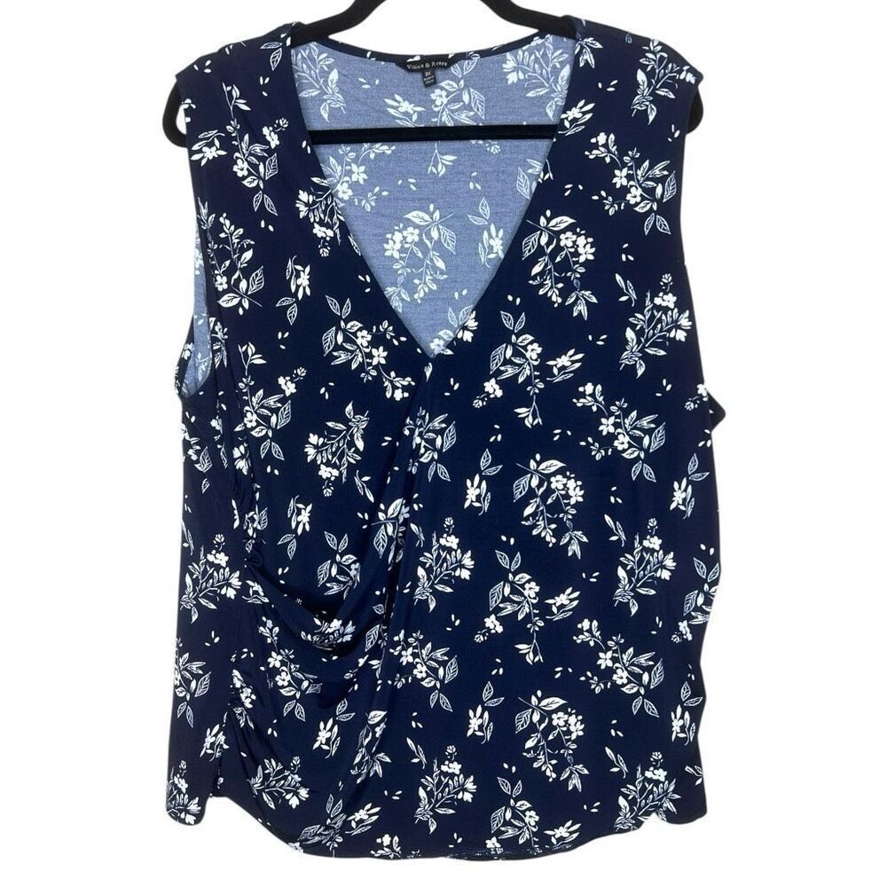 Violets & Roses Navy Floral Sleeveless Surplice Top Size 2X
